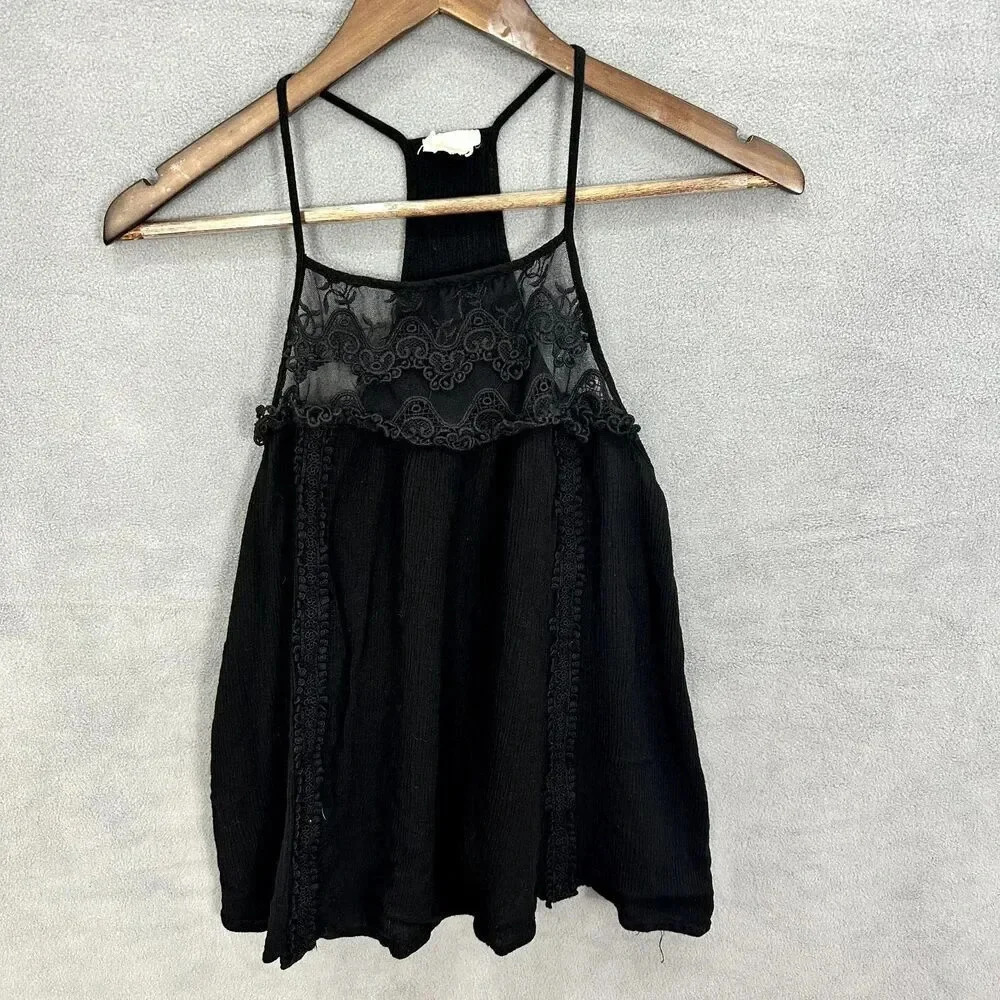 Caution to the wind floral crochet tank top womens medium black gauzy whimsigoth